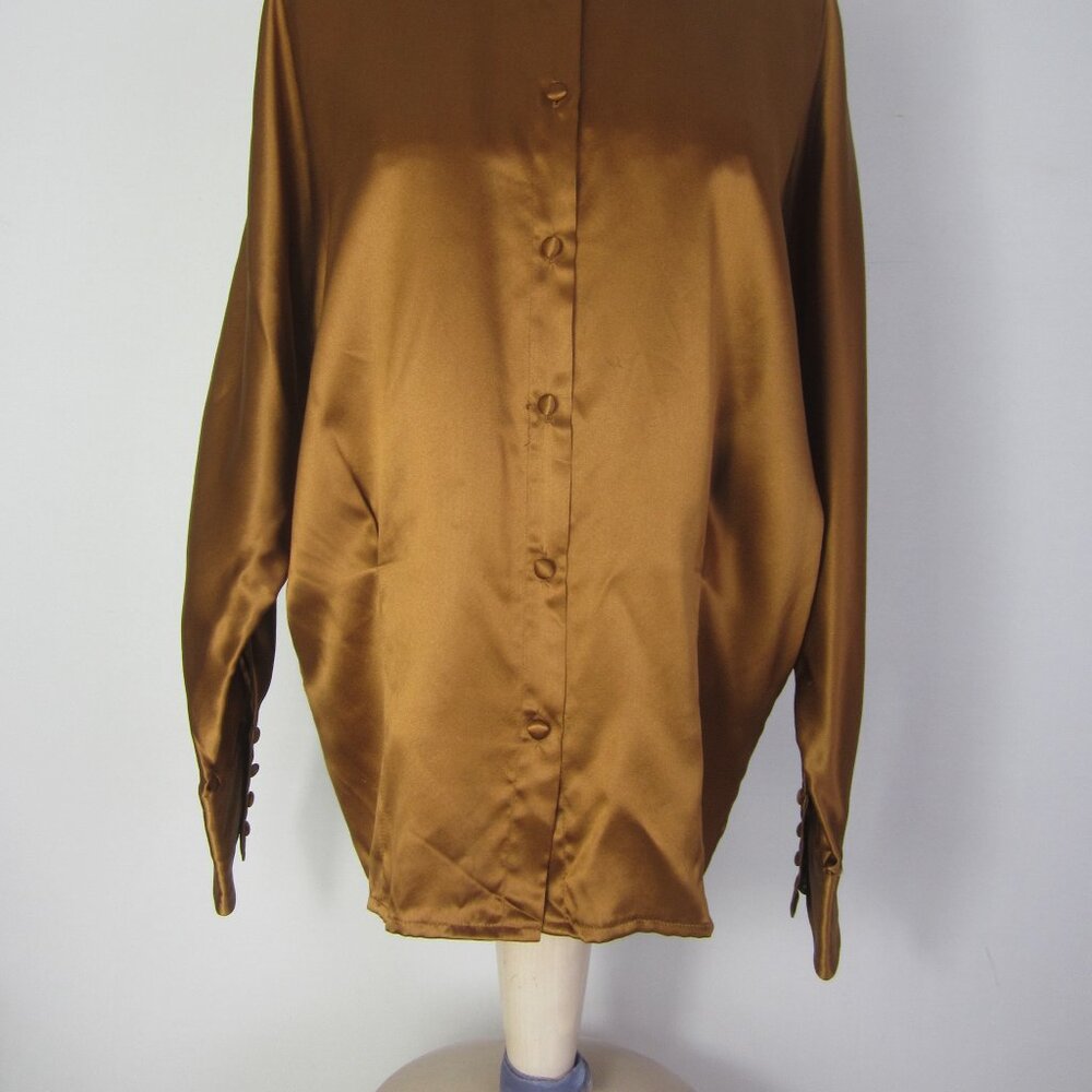 Vtg Stefano Studio Women 4 Brown High Neck 100% Silk Shirt Covered Buttons S 80s - Picture 9 of 9